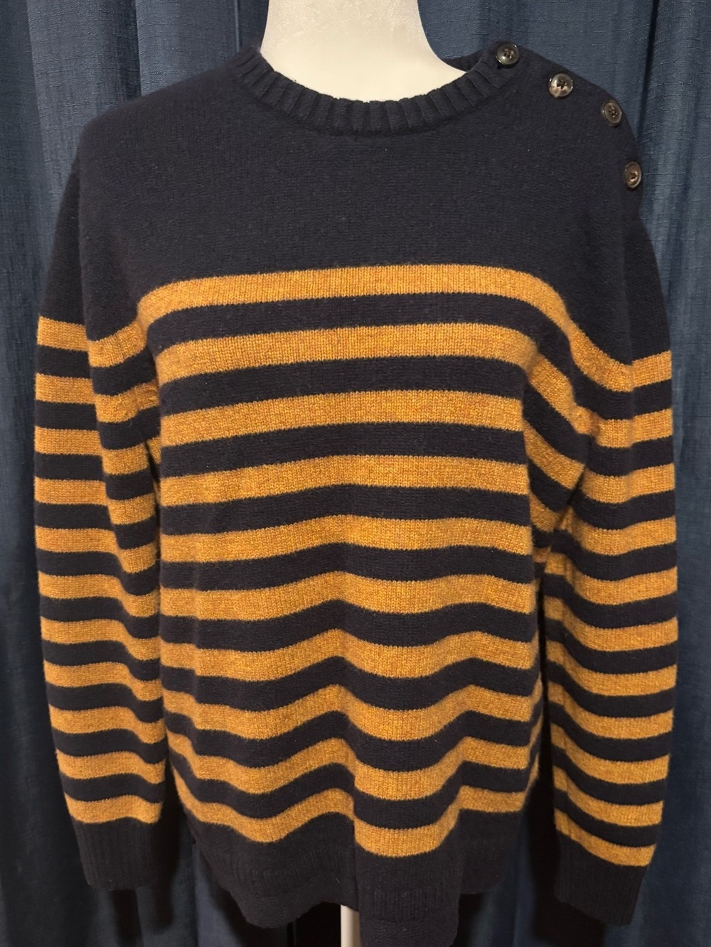 Men's Striped Navy and Mustard Crewneck Sweater with Shoulder Buttons